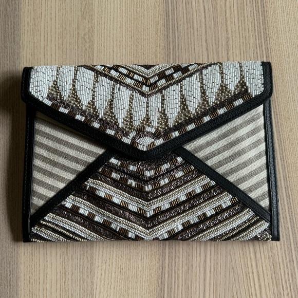 Rebecca Minkoff Leo Beaded Embroidered Envelope Clutch Black and Neutral Tones - Picture 4 of 10